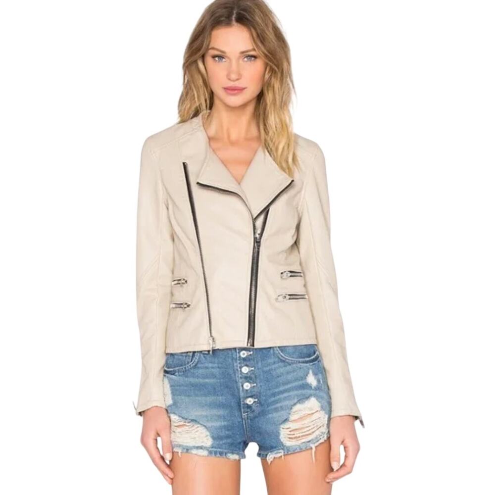 Blank NYC | Lock It Up Luxe Vegan Leather Collarless Beige Moto Jacket